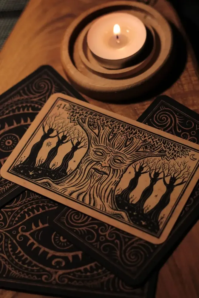 A woman holding a card beside burning candles