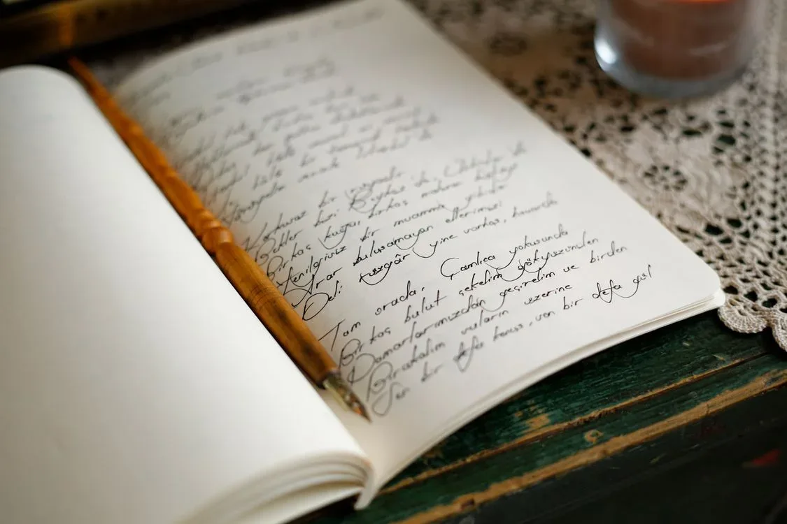 Handwritten questions in a journal before a reading
