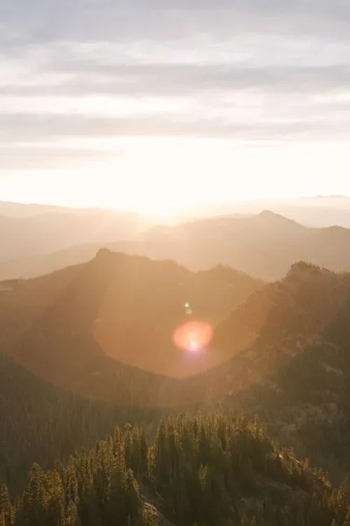 Morning light over mountain ridges and forest