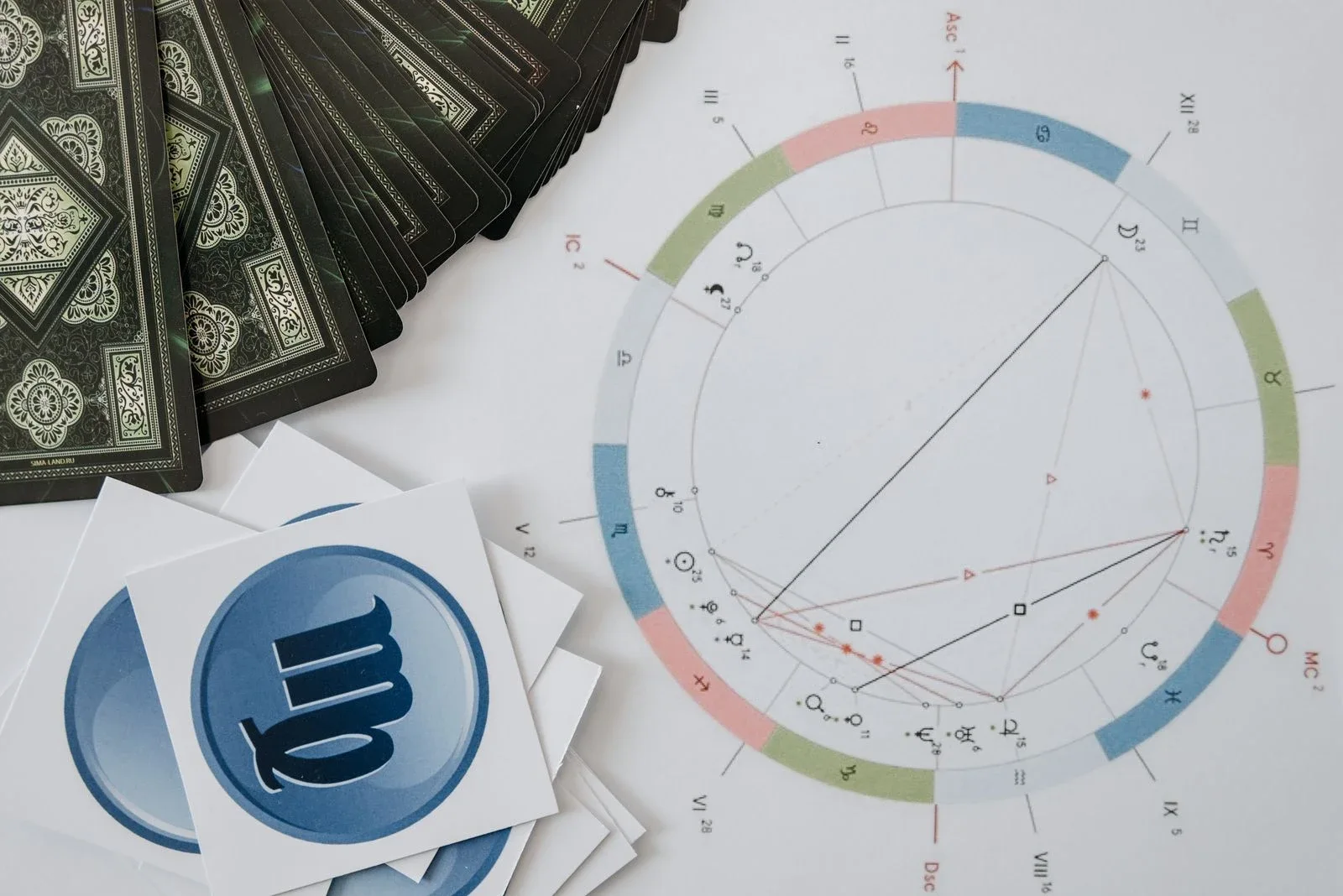 Tarot cards and an astrology chart on a table