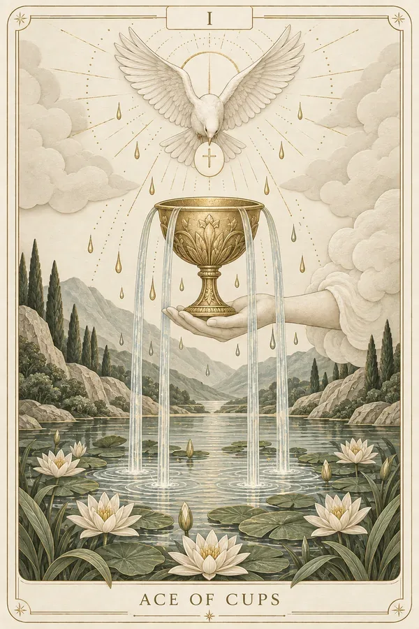 Ace of Cups tarot card illustration for upright and reversed meanings