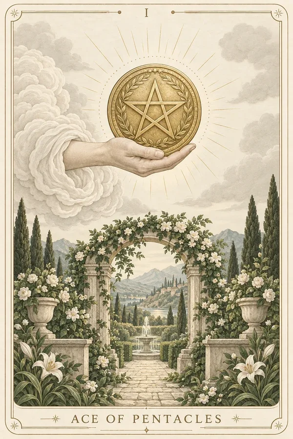 Ace of Pentacles tarot card illustration for upright and reversed meanings