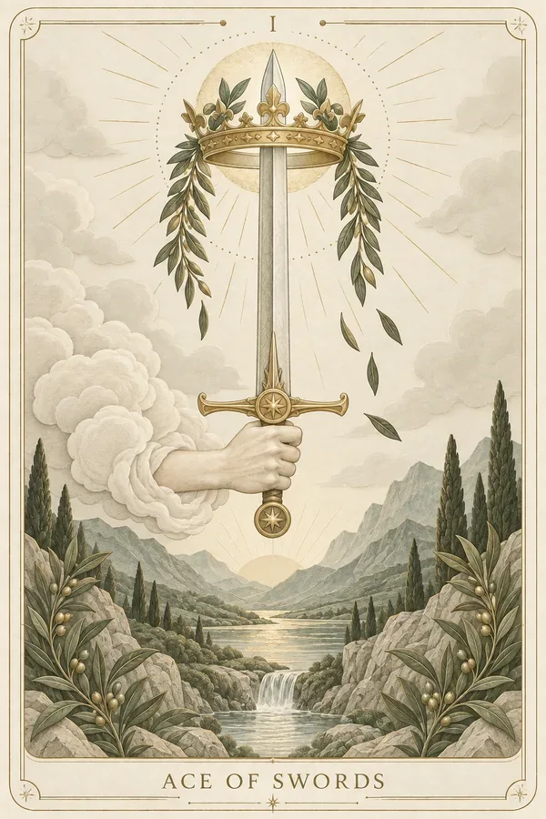 Ace of Swords tarot card illustration for upright and reversed meanings