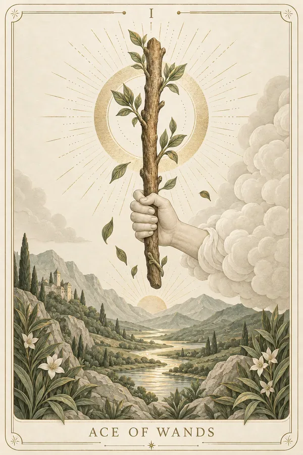 Ace of Wands tarot card illustration for upright and reversed meanings