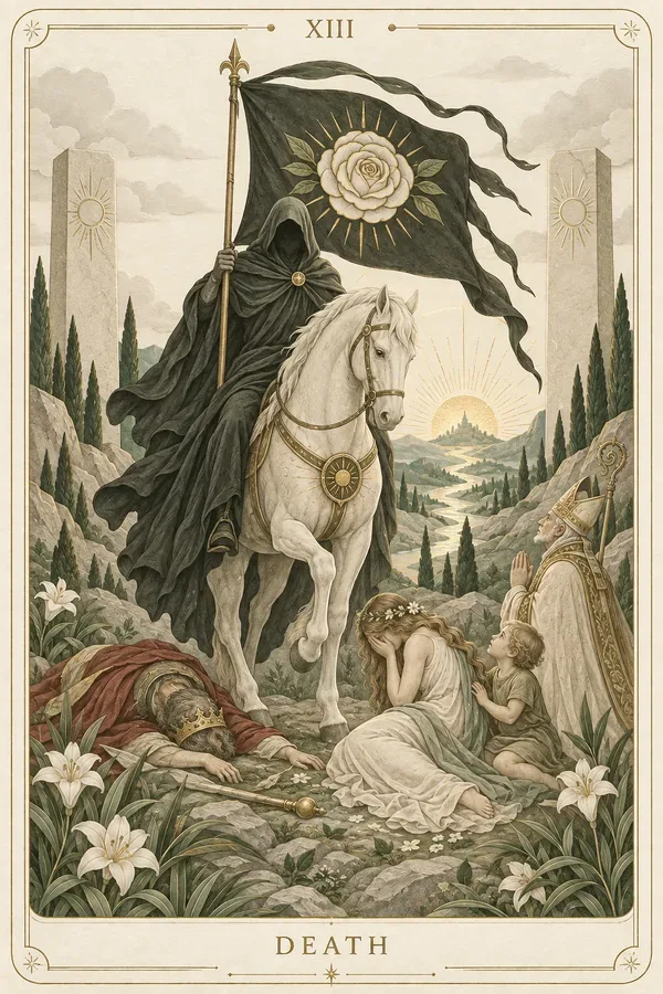 Death tarot card illustration for upright and reversed meanings