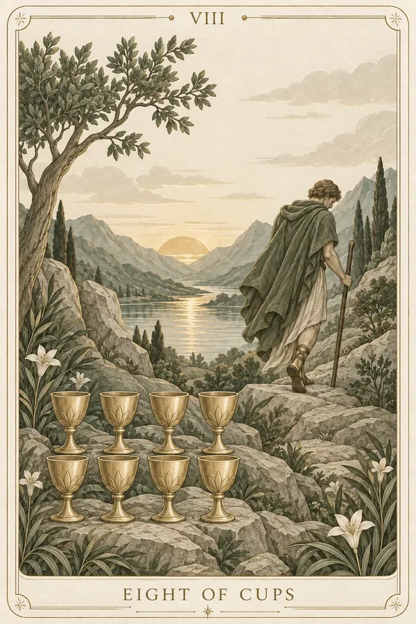 Eight of Cups tarot card illustration for upright and reversed meanings