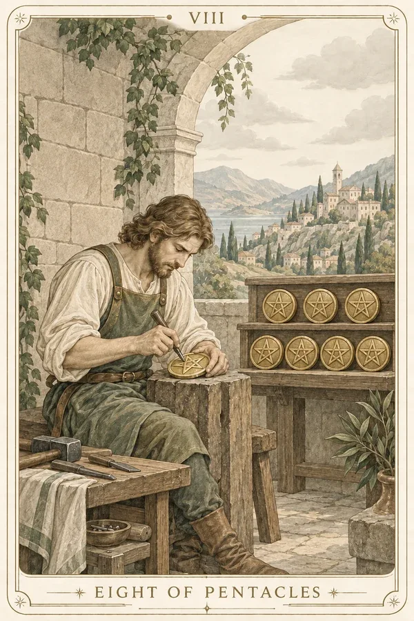 Eight of Pentacles tarot card illustration for upright and reversed meanings