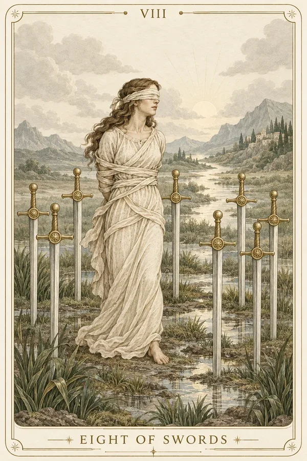 Eight of Swords tarot card illustration for upright and reversed meanings