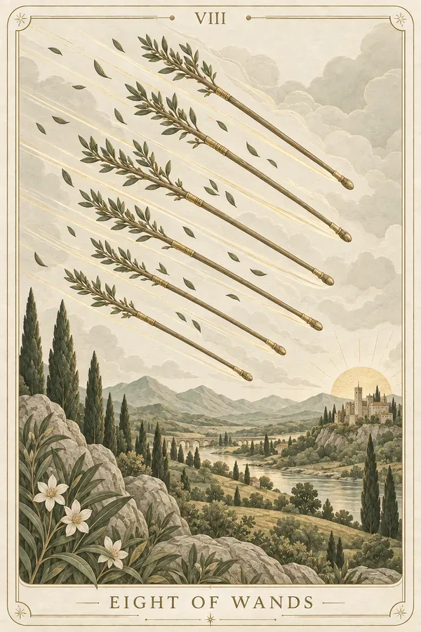 Eight of Wands tarot card illustration for upright and reversed meanings