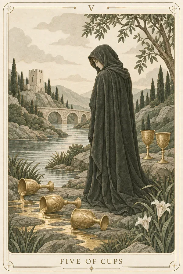 Five of Cups tarot card illustration for upright and reversed meanings