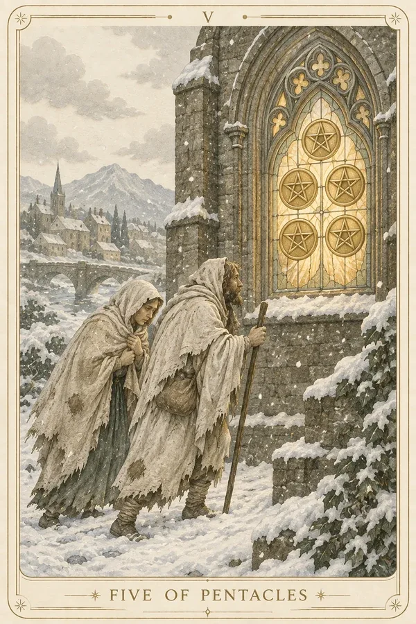 Five of Pentacles tarot card illustration for upright and reversed meanings