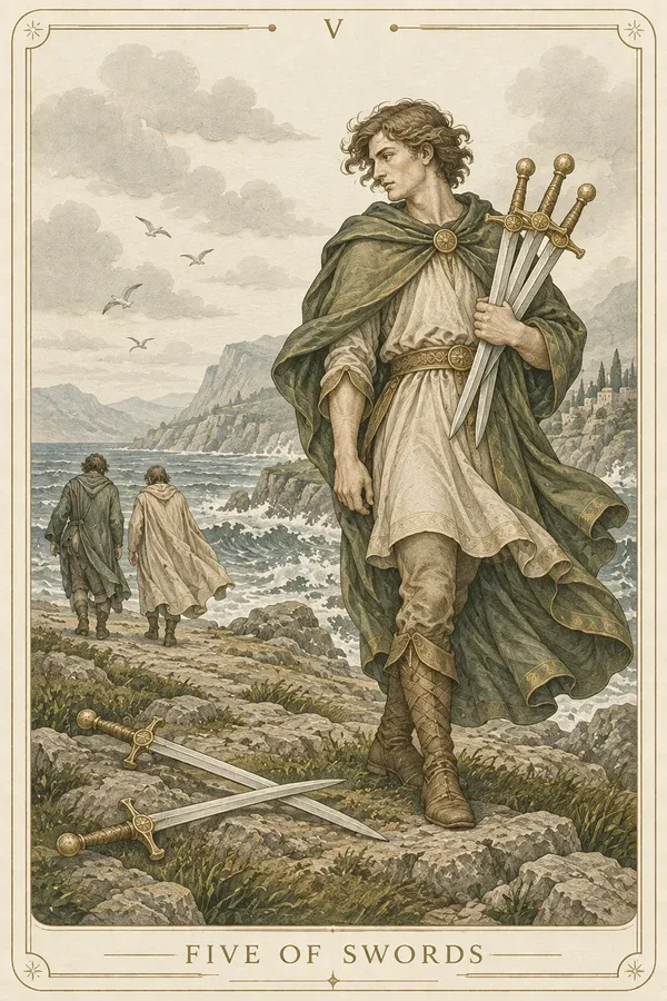Five of Swords tarot card illustration for upright and reversed meanings