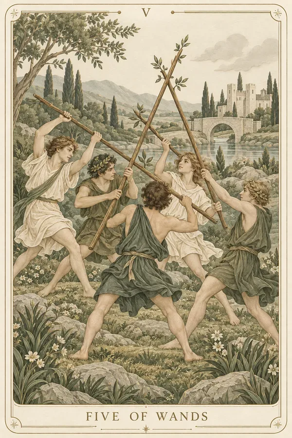 Five of Wands tarot card illustration for upright and reversed meanings