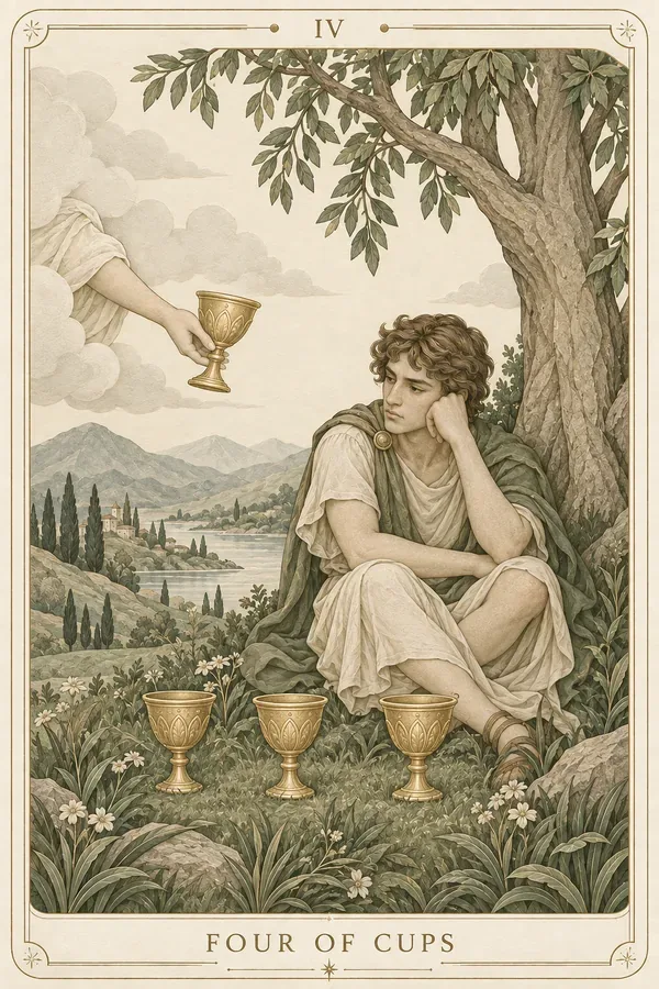 Four of Cups tarot card illustration for upright and reversed meanings