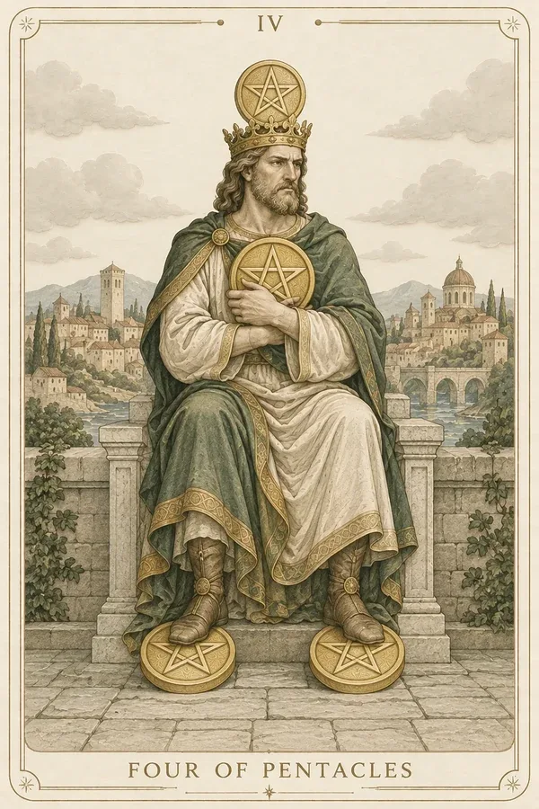 Four of Pentacles tarot card illustration for upright and reversed meanings