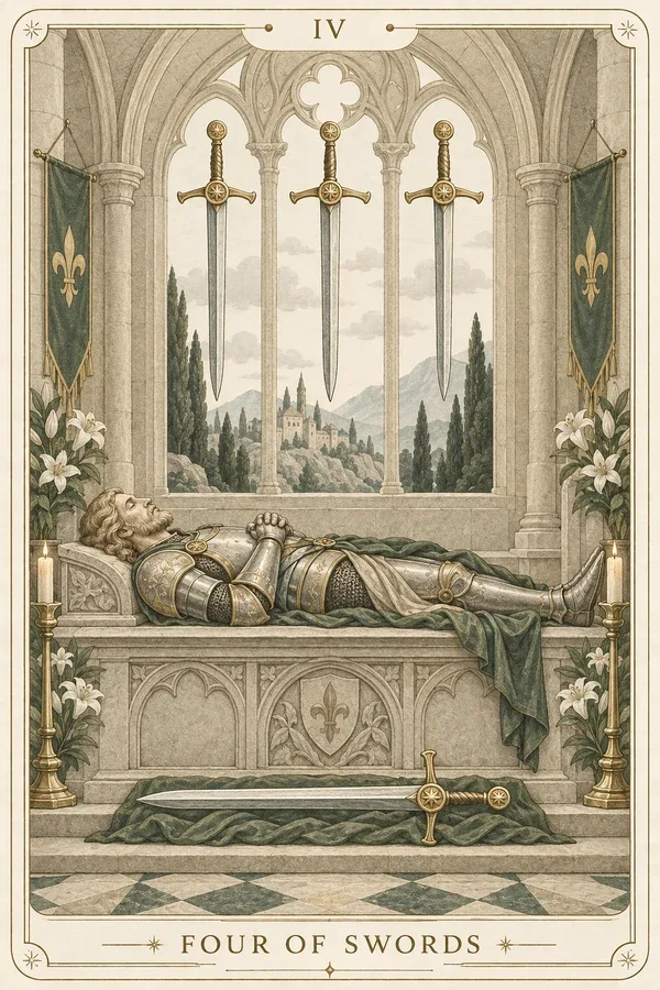 Four of Swords tarot card illustration for upright and reversed meanings