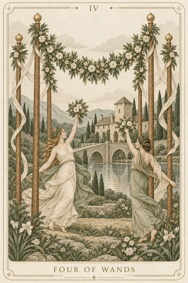 Four of Wands tarot card illustration for upright and reversed meanings
