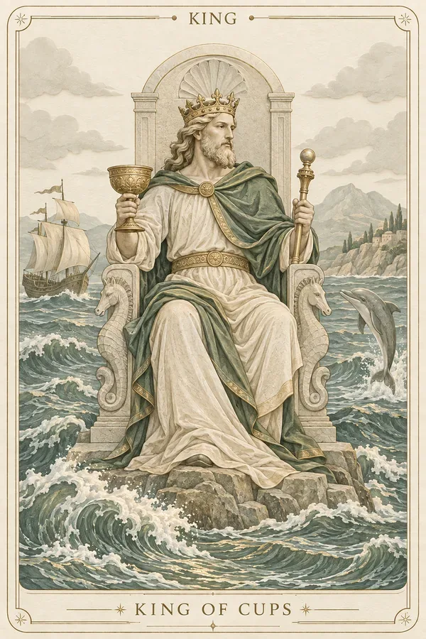 King of Cups tarot card illustration for upright and reversed meanings