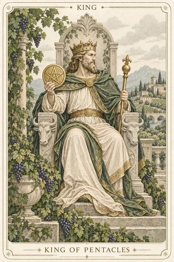 King of Pentacles tarot card illustration for upright and reversed meanings