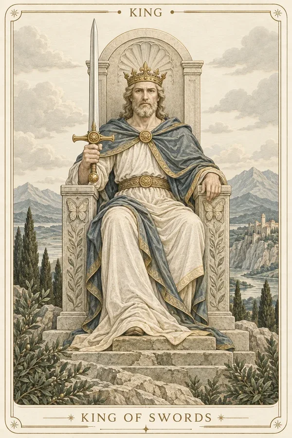King of Swords tarot card illustration for upright and reversed meanings