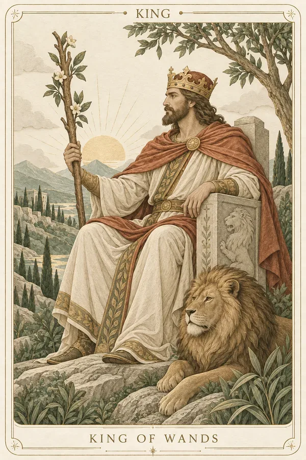 King of Wands tarot card illustration for upright and reversed meanings