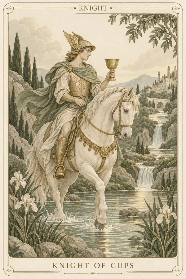 Knight of Cups tarot card illustration for upright and reversed meanings