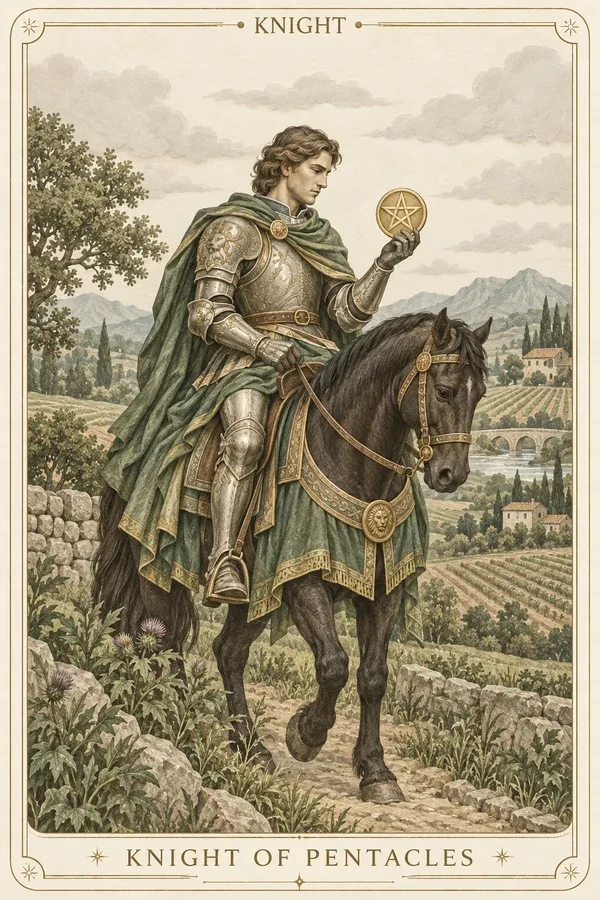 Knight of Pentacles tarot card illustration for upright and reversed meanings