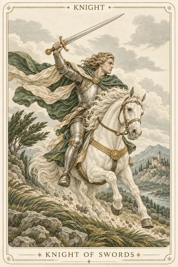 Knight of Swords tarot card illustration for upright and reversed meanings