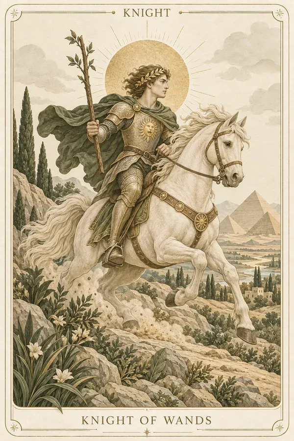 Knight of Wands tarot card illustration for upright and reversed meanings
