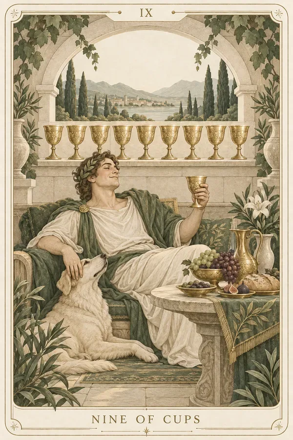 Nine of Cups tarot card illustration for upright and reversed meanings