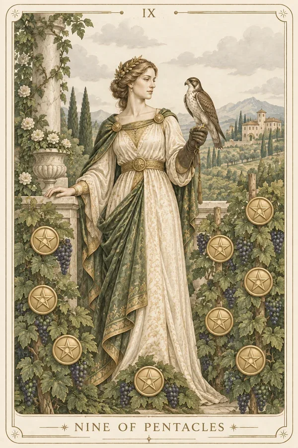 Nine of Pentacles tarot card illustration for upright and reversed meanings