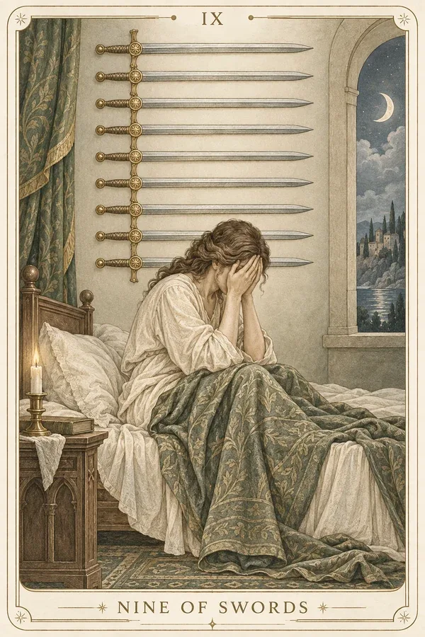 Nine of Swords tarot card illustration for upright and reversed meanings