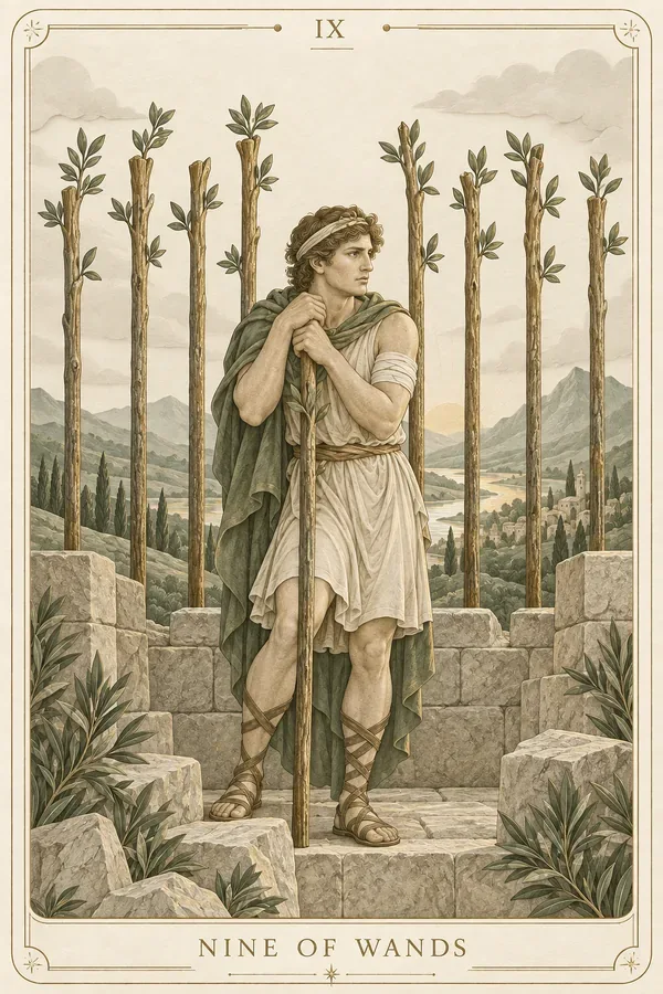 Nine of Wands tarot card illustration for upright and reversed meanings