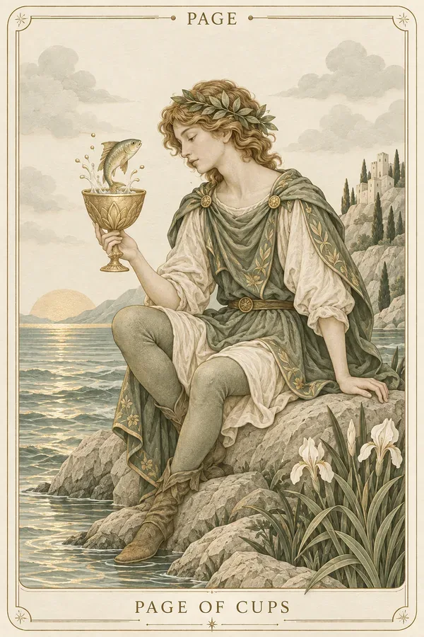 Page of Cups tarot card illustration for upright and reversed meanings