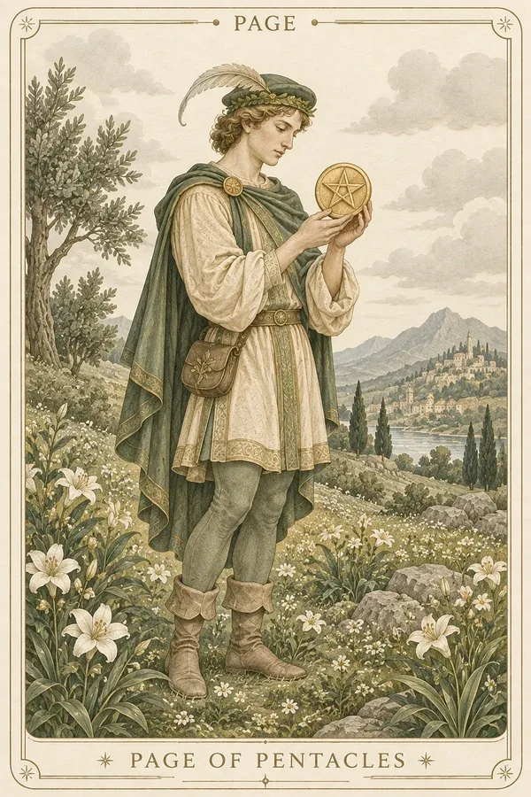 Page of Pentacles tarot card illustration for upright and reversed meanings