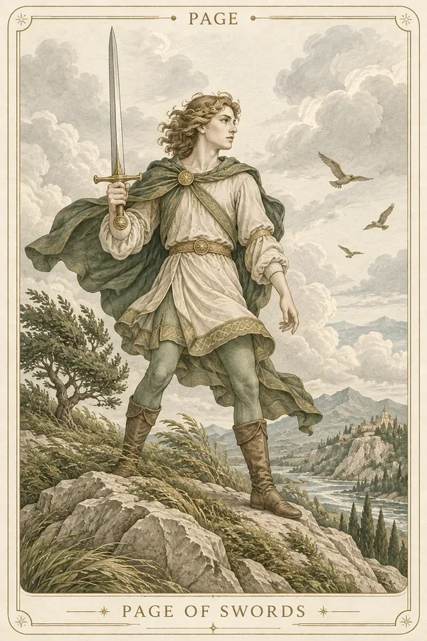Page of Swords tarot card illustration for upright and reversed meanings