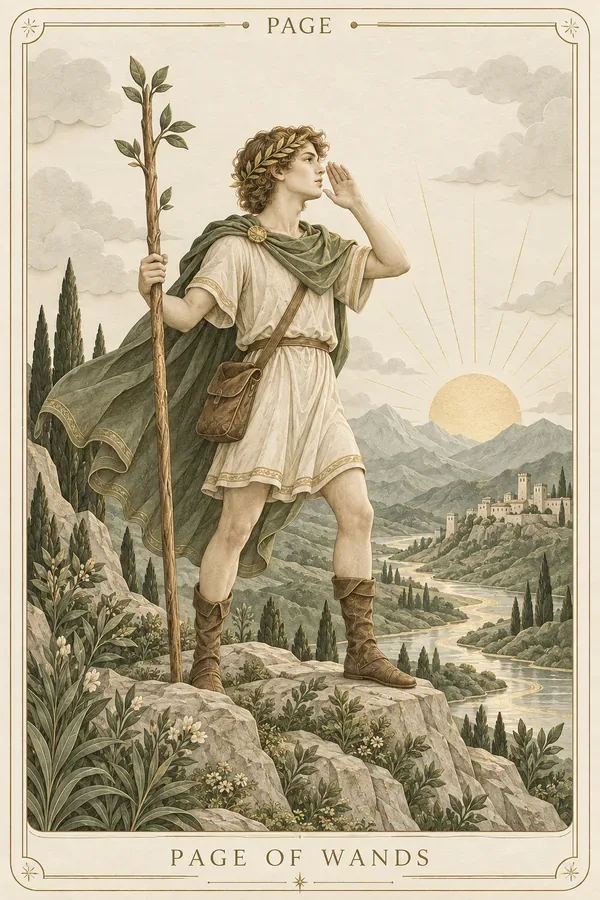 Page of Wands tarot card illustration for upright and reversed meanings