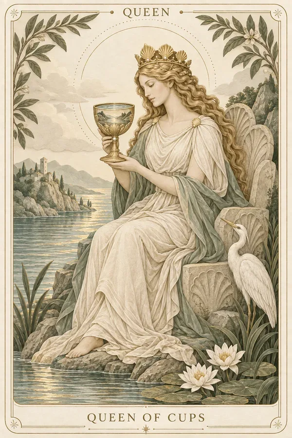 Queen of Cups tarot card illustration for upright and reversed meanings