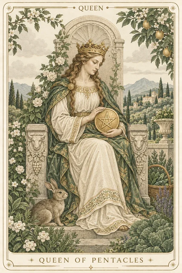 Queen of Pentacles tarot card illustration for upright and reversed meanings