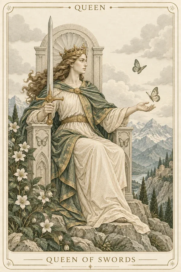 Queen of Swords tarot card illustration for upright and reversed meanings