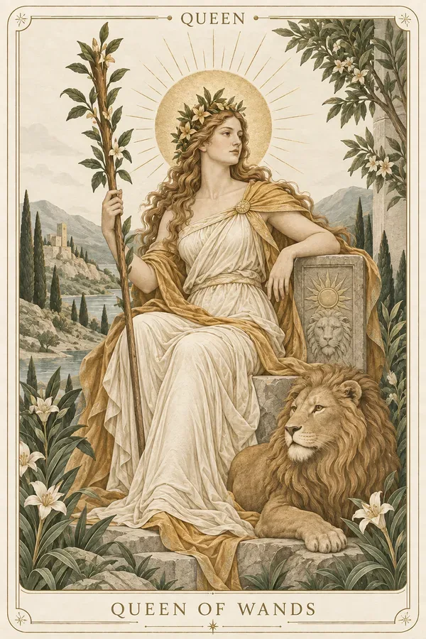 Queen of Wands tarot card illustration for upright and reversed meanings