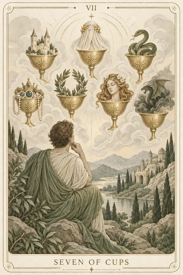 Seven of Cups tarot card illustration for upright and reversed meanings