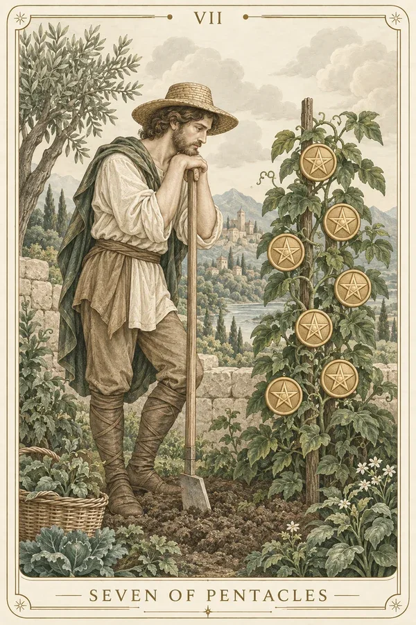 Seven of Pentacles tarot card illustration for upright and reversed meanings