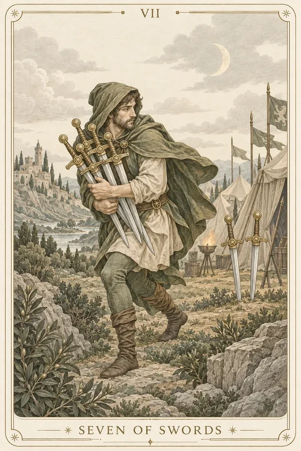 Seven of Swords tarot card illustration for upright and reversed meanings