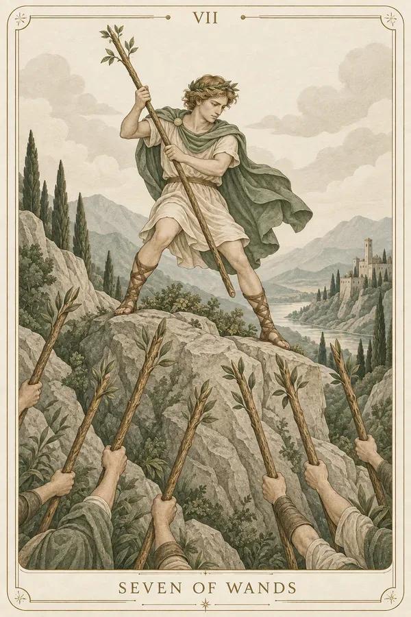 Seven of Wands tarot card illustration for upright and reversed meanings