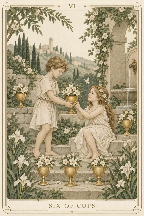Six of Cups tarot card illustration for upright and reversed meanings