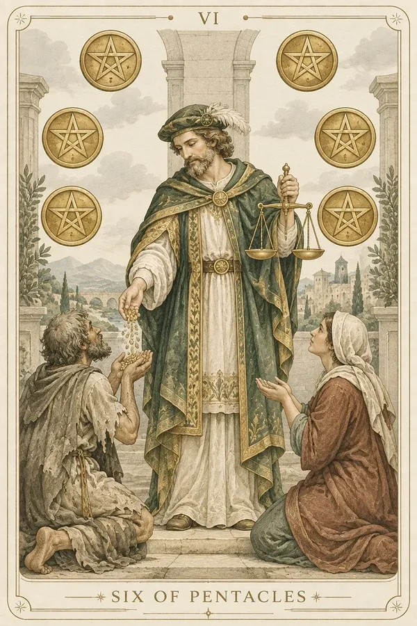 Six of Pentacles tarot card illustration for upright and reversed meanings
