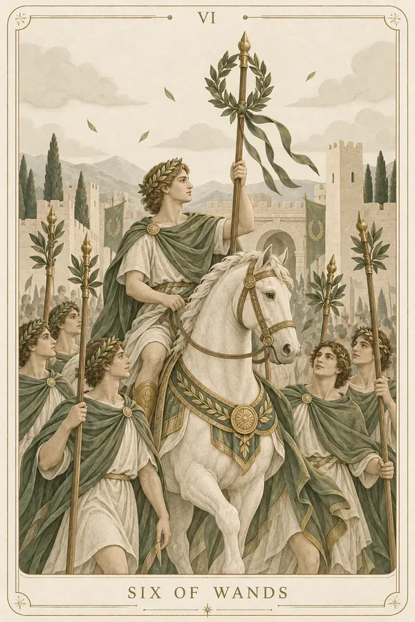 Six of Wands tarot card illustration for upright and reversed meanings
