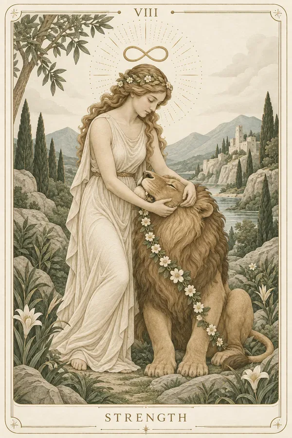 Strength tarot card illustration for upright and reversed meanings