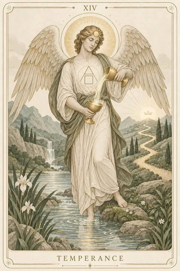 Temperance tarot card illustration for upright and reversed meanings
